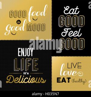 Set of vintage food quotes in gold color design ideal for restaurant or gourmet business. EPS10 vector. Stock Vector