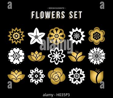 Gold color set of flowers icons in modern flat art illustration style. Floral nature icons lotus, lily and rose. EPS10 vector. Stock Vector