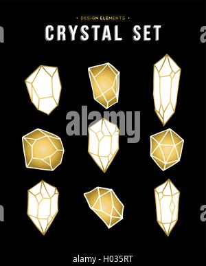 Set of gold color crystal mineral stone elements, simple hand drawn diamond rock icons collection. EPS10 vector. Stock Vector