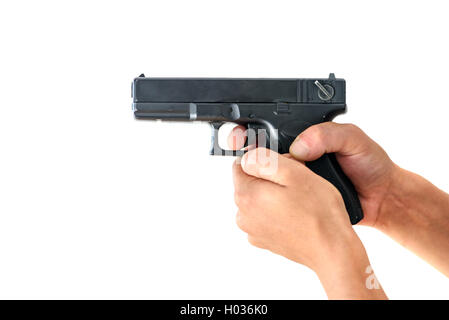 hand and gun isolated on white Stock Photo