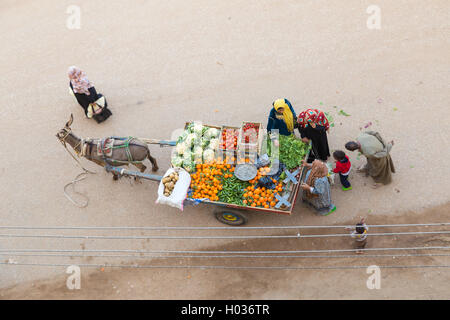 CAIRO, EGYPT - FEBRUARY 5, 2016: Aerial view of people buying vegetables from street vendor with donkey cart. Stock Photo