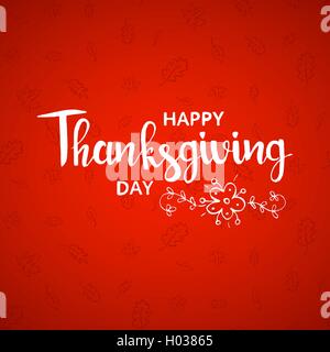 Happy Thanksgiving Day lettering. Modern vector hand drawn calligraphy with autumn leaves seamless pattern over red background Stock Vector