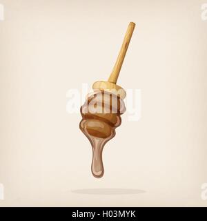 Honey dripping from a wooden honey dipper. Vector illustration. Stock Vector