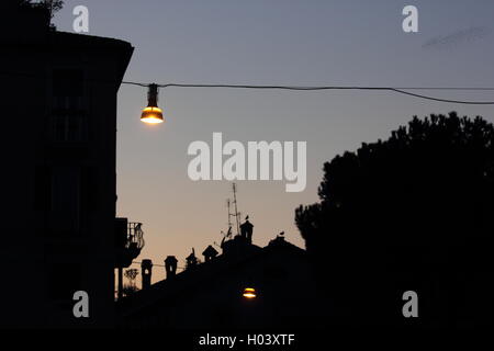 beautiful street lamps and silhouetted buildings at dusk , Rome, Italy, travel Stock Photo