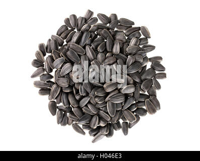 Heap of black sunflower seeds isolated on white, top view Stock Photo