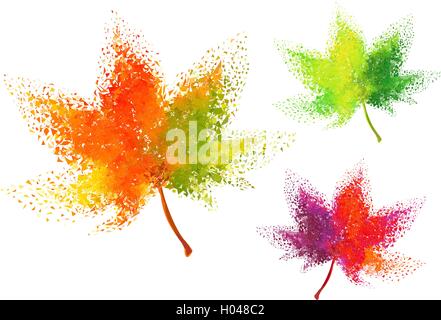 Colorful autumn leaves with particles, vector set over white background Stock Vector