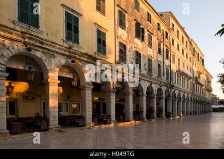 Early morning light on the arcades of the Liston in Corfu Old Town, Corfu, The Ionian Islands, The Greek Islands, Greece, Europe Stock Photo