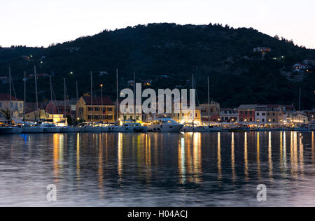 Sailing yachts moored at dusk in the Gaios harbour on Paxos, The Ionian Islands, Greece, Europe Stock Photo