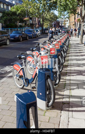 Santander Bikes from London's bike hire scheme that are a popular means of transport for tourists around the city. Stock Photo