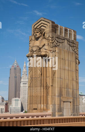 Ohio, Cleveland. The Hope Memorial Bridge. Huge Art Deco statues called ...