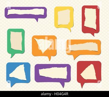 Ripped squared, ruled note, notebook paper are stuck on colorful speech bubble Stock Vector