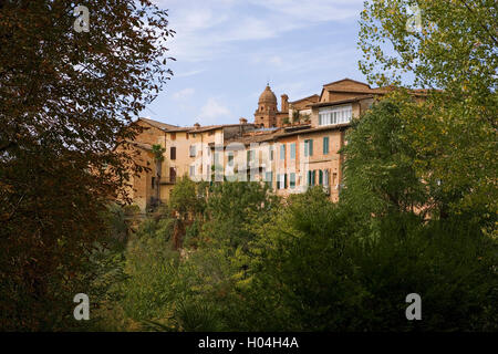 View of houses on Via delle Cerchia, from Orto Botanico dell'Università di Siena (aka the Botanical Gardens), Siena, Italy Stock Photo