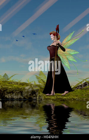Three Bluebirds fly over fairy Lillith as she stands by a pond in the magical forest. Stock Photo