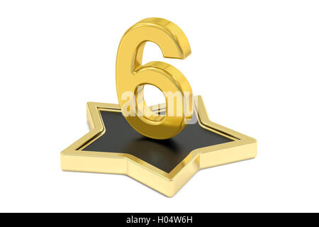 3D golden number 6 on star podium, 3D rendering isolated on white background Stock Photo