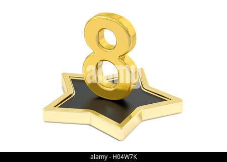 3D golden number 8 on star podium, 3D rendering isolated on white background Stock Photo