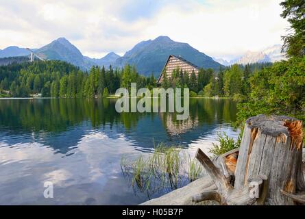Wide angle landscape shot of Strbske Pleso lake in High Tatras mountains. Stock Photo