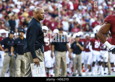 Palo Alto, California, USA. 17th Sep, 2016. Stanford Head Coach David Shaw questions a call in NCAA football action at Stanford University, featuring the USC Trojans visiting the Stanford Cardinal. Stanford won the game, 27-10. © Seth Riskin/ZUMA Wire/Alamy Live News Stock Photo