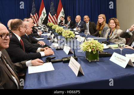 United States President Barack Obama (fourth from righ) seated between U.S. Vice President Joe Biden (fourth from right) and Samantha Power (third from right), United States Ambassador to the United Nations, attend a bilateral meeting with Prime Minister Haider al-Abadi (fifth from left) of Iraq at the Lotte New York Palace Hotel in New York, NY, on September 19, 2016.  Credit: Anthony Behar / Pool via CNP /MediaPunch