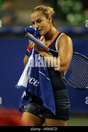 Tokyo, Japan. 20th Sep, 2016. Slovakia's Dominika Cibulkova wipes sweat during the first round of the Toray Pan Pacific Open tennis championships in Tokyo on Tuesday, September 20, 2016. Cibulkova defeated Lucie Safarova of Czech Republic 4-6, 6-1, 7-5. © Yoshio Tsunoda/AFLO/Alamy Live News Stock Photo