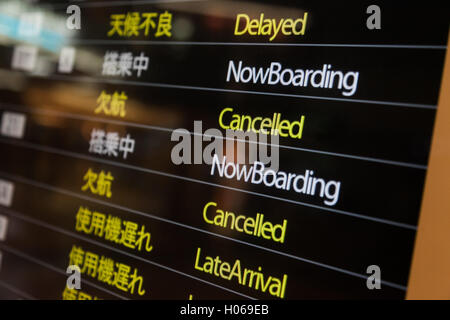 An electronic board shows cancelled flights due to Typhoon Malakas at Tokyo International Airport domestic Terminal 2 on September 20, 2016, Tokyo, Japan. Many flights to Western Japan were delayed or cancelled due to tropical storm Malakas which made landfall on Tuesday. The Meteorological Agency announced that the typhoon is expected to head northeast along the coast toward Tokyo before turning out into the Pacific Ocean on Wednesday. © Rodrigo Reyes Marin/AFLO/Alamy Live News Stock Photo