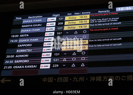 An electronic board shows delayed flights due to Typhoon Malakas at Tokyo International Airport domestic Terminal 1 on September 20, 2016, Tokyo, Japan. Many flights to Western Japan were delayed or cancelled due to tropical storm Malakas which made landfall on Tuesday. The Meteorological Agency announced that the typhoon is expected to head northeast along the coast toward Tokyo before turning out into the Pacific Ocean on Wednesday. © Rodrigo Reyes Marin/AFLO/Alamy Live News Stock Photo