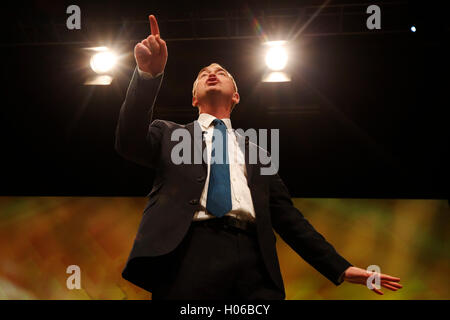 Brighton, UK. 20th Sep, 2016. Tim Farron, Party Leader gives his keynote speech during the Liberal Democrats Autumn Conference at Brighton, UK, Tuesday September 20, 2016.       Credit:  Luke MacGregor/Alamy Live News Stock Photo