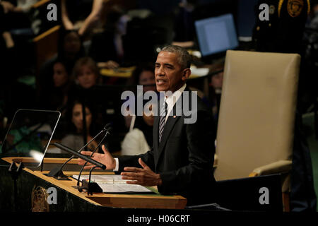 United States President Barack Obama delivers his address during the United Nations 71st session of the General Debate at the United Nations General Assembly at United Nations headquarters in New York, New York, USA, 27 September 2016. Credit: Peter Foley / Pool via CNP /MediaPunch Stock Photo