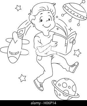 Black and White Illustration of a Space Themed Coloring Page Stock Photo