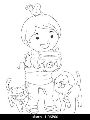 Black and White Coloring Page Illustration of a Boy Carrying Pets Stock Photo