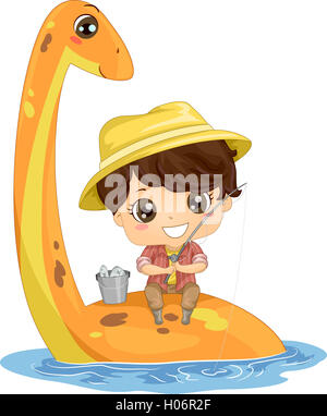Illustration of a Young Fisherman Sitting on the Back of a Plesiosaur Stock Photo