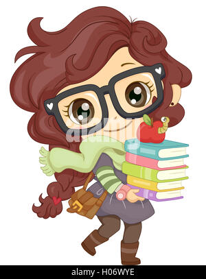 Illustration of a Little Girl in Glasses Carrying a Stack of Books Stock Photo