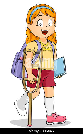 Illustration of a Little Girl Walking with a Crutch Stock Photo