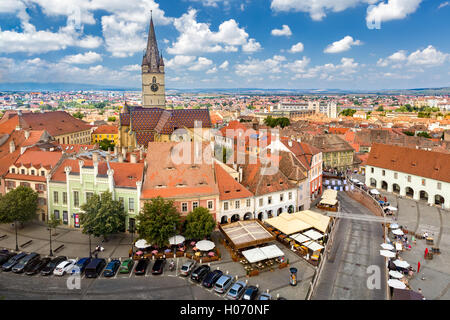 Aerial view of Sibiu old town. The history of Hermannstadt reaches