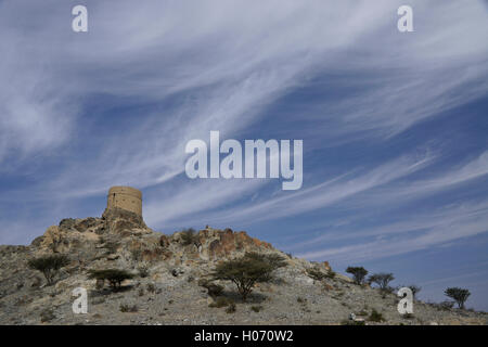 Watch tower on hill above Hatta Heritage Village, Hatta, Dubai, United Arab Emirates Stock Photo