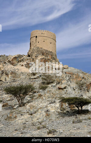 Watch tower on hill above Hatta Heritage Village, Dubai, United Arab Emirates Stock Photo