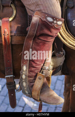 Leather chaps on a Mexican cowboy during the annual Cabalgata de Cristo ...