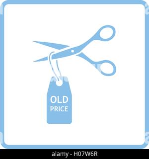 Scissors cut old price tag icon. Blue frame design. Vector illustration. Stock Vector