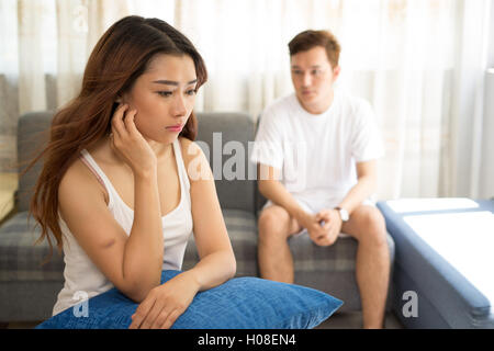 Asian Married couple arguing at home Stock Photo