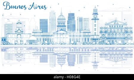 Outline Buenos Aires Skyline with Blue Landmarks and Reflections. Vector Illustration. Stock Vector