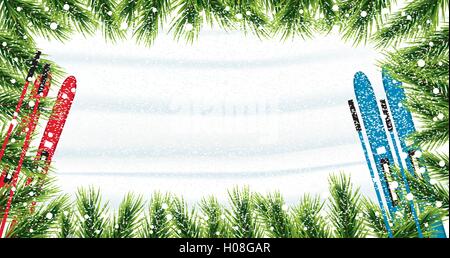 Christmas background with fir branches, snow and skiing. Snow top view. Vector illustration. Stock Vector