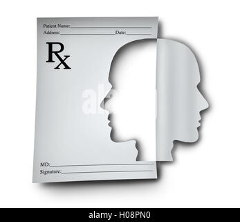 Mental health medication and psychiatric medicine concept as a doctor prescription note shaped as a human head as a medical symbol for brain illness or cognitive disorder with 3D illustration elements.