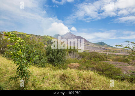 View of the haze around the peak of Soufriere Hills volcano, Montserrat, Leeward Islands, Lesser Antilles, West Indies Stock Photo