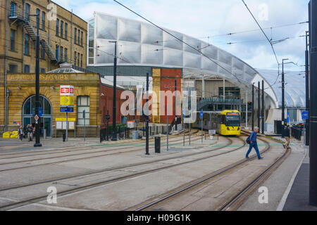 Metro tram lines entering Victoria Station in Manchester, England. Stock Photo