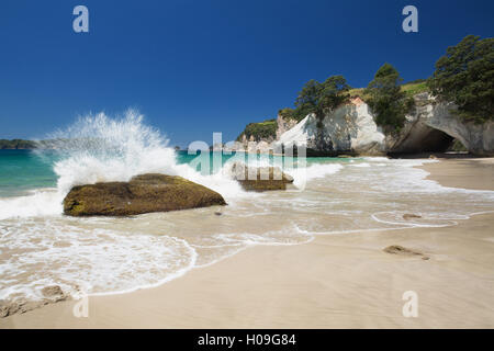 Waves splashing against large rocks on the beach in Cathedral Cove, Coromandel, Waikato, North Island, New Zealand, Pacific Stock Photo