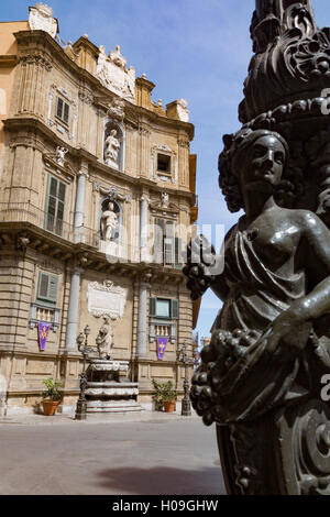 Decorative lamp post and Piazza Quattro Canti in Palermo, Sicily, Italy, Europe Stock Photo