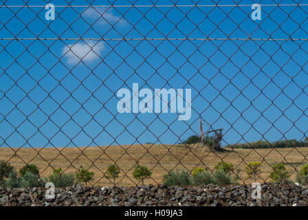 Metallic net against a sunny background with a dead tree Stock Photo