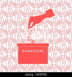 Stylized icon calling to make a donation. Hand pouring the bitcoins in the donation box on a bitcoins background Stock Vector