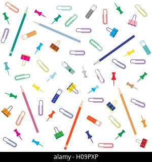 Nice picture of different colored paper clips and buttons, pencil  and glue on white background Stock Vector