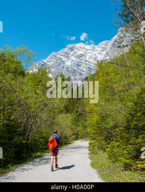 Hiker, Watzmann massif, St. Bartholomä am Königssee, Berchtesgaden National Park, Berchtesgaden District, Upper Bavaria Stock Photo