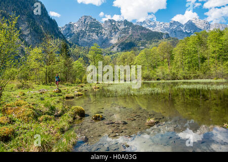 Young man at lake, mountains reflected in Mittersee, Salet am Königssee, National Park Berchtesgaden, Berchtesgadener Land Stock Photo